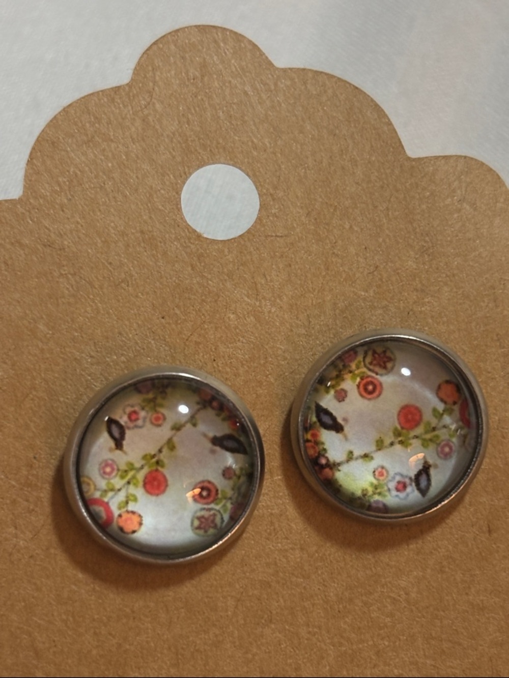 Floral Glass Dome Stud Earrings in Soft Pastels w black birds